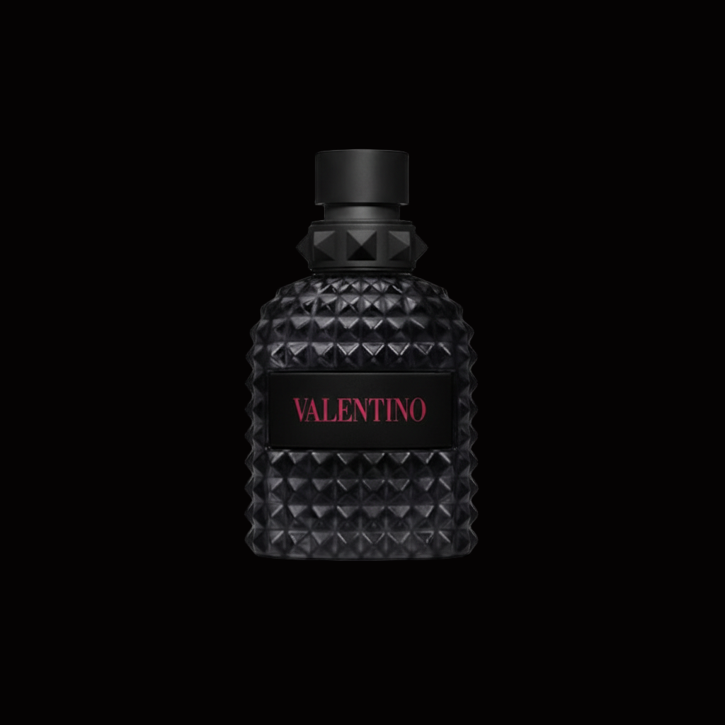 Black textured perfume bottle with 'Valentino' branding on a light gray background